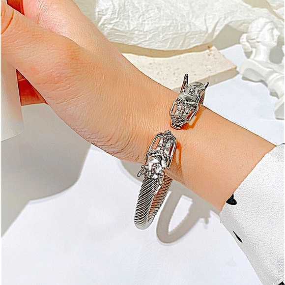 Silver Double Headed Dragon Twisted Bangle Cuff Unisex Bangle Bracelet - Picture 4 of 8